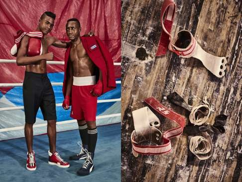 Boxers show off jacket and shoes from the ceremonial outfit for Cuba’s male athletes in Rio.