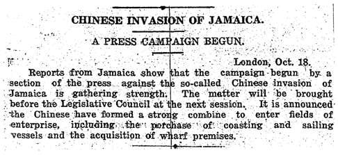 A brief report in the October 18, 1921, edition of the South China Morning Post about anti-Chinese sentiment in Jamaica.