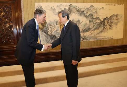 Britain’s new Chancellor of the Exchequer Philip Hammond and Chinese Vice-Premier Ma Kai meet in Beijing. Hammond was in China to attend the G20 finance ministers’ meeting in Chengdu. Photo: EPA
