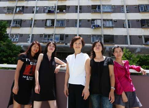 (Left to right) Gloria Jam Sze-hang, Eva Poon Wai-yee, Leung Shui-fong, Chan Kit-man and Pak Po-ling at Against Child Abuse in Tuen Mun. Photo: Edmond So