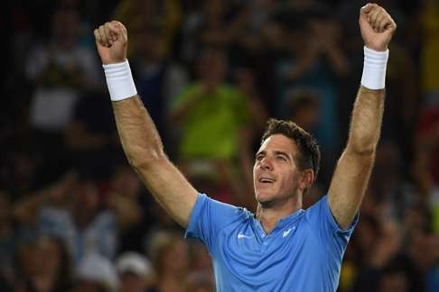 Juan Martin del Potro reacts after beating Novak Djokovic at the Olympic Tennis Centre. Photo: AFP