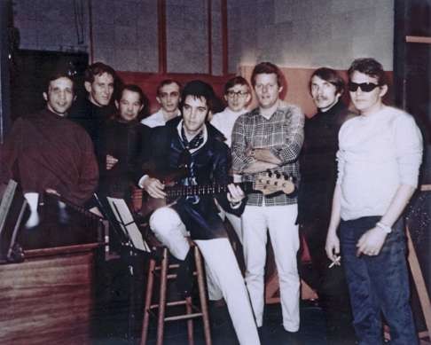 leather-clad Elvis in 1969, at American Sound Studio with The Memphis Boys, the acclaimed studio band that worked with Elvis on two albums in 1969. Photo: AP