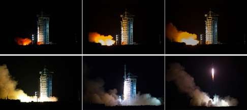 A combined photo shows China launching the world's first quantum satellite on top of a Long March-2D rocket from the Jiuquan Satellite Launch Center in Jiuquan, northwest China's Gansu province. Photo: Xinhua