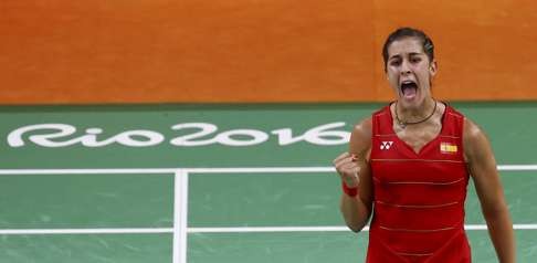 Carolina Marin celebrates a point during her match against Li Xuerui. Photo: Reuters