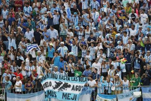 Argentina fans during the men's hockey gold medal match at the Olympic Hockey Centre in Rio de Janeiro. Photo: EPA