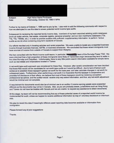 A leaked 1996 CRA memo describes the difficulties in pursuing global income audits against suspected tax cheats buying expensive homes in greater Vancouver. The document was originally sent by CRA investigative auditor Dino Altoe to John Fennelly of the International Tax Directorate in Ottawa. Source: SCMP Picture