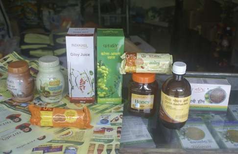 Baba Ramdev health products include biscuits, tonics, honey and herbal remedies. Photo: Amrit Dhillon