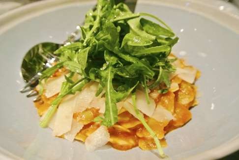 Ravioli with tomato sauce, basil & rocket salad.