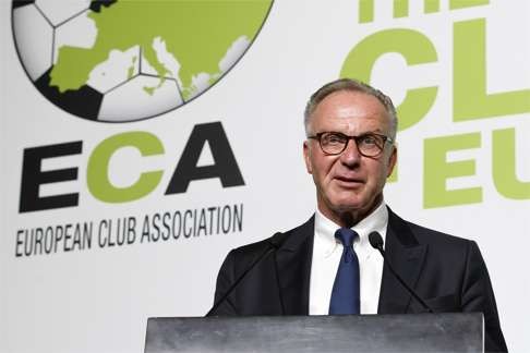 Karl-Heinz Rummenigge, chairman of the European Club Association (ECA), addresses the plenary general assembly of the ECA in Geneva last week. Photo: AP