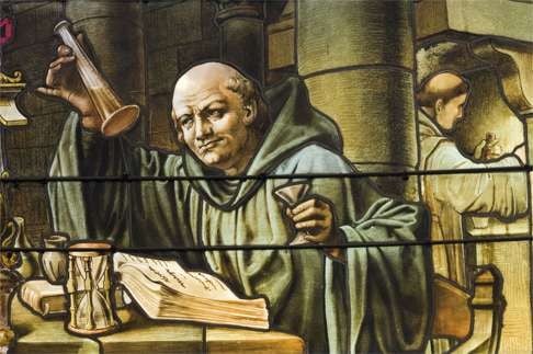 Stained glass window depicting Don Bernardo Vincelli, inventor of Benedictine. Photo: Alamy