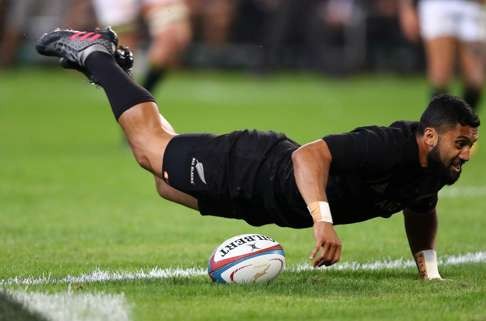 All Blacks fly half Lima Sopoaga goes over for a try that later was disallowed. The nine others that were allowed softened the pain. Photo: AFP