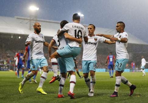 West Ham United's Manuel Lanzini celebrates scoring.