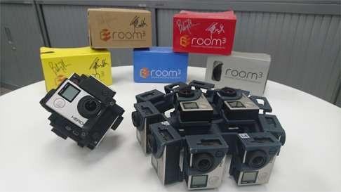 Two video sets made up of 20 GoPro cameras, and the cardboard VR glasses. Photo: Elaine Yau