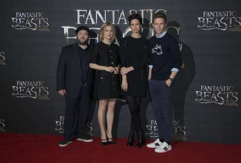 (From left) Dan Fogler, Alison Sudol, Katherine Waterston and Eddie Redmayne promoting the movie in London. Photo: AP