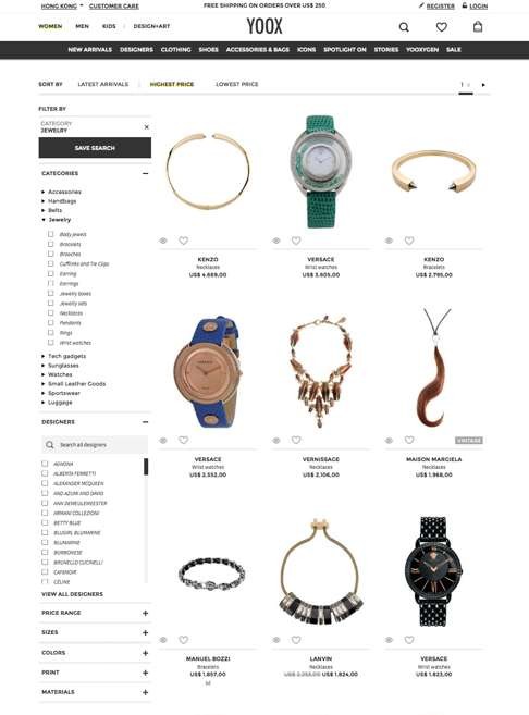 A screen shot of the most expensive jewellery on the Yoox site.