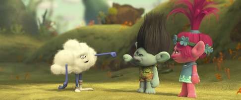 Branch and Poppy meet the Cloud Guy in a screen grab from Trolls.