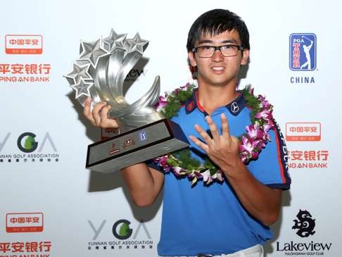 China’s Dou Zecheng celebrates winning the Yunnan Open.