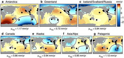 Maps show where the meltwater from each major ice sheet tends to end up. Photo: Geophysical Research Letters