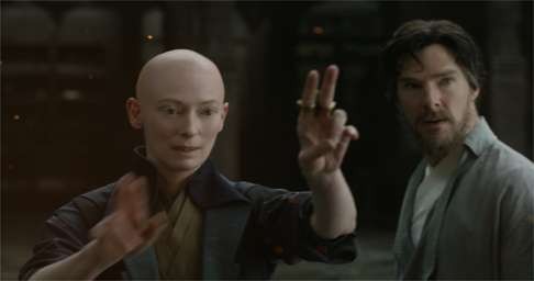 Tilda Swinton (left) plays The Ancient One to Benedict Cumberbatch’s Doctor Strange (right). Photo: Marvel Studios