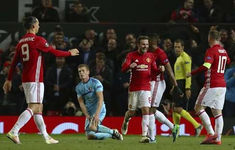 Juan Mata (centre) scored as Manchester United beat Feyenoord in the Europa League this week. Photo: AP