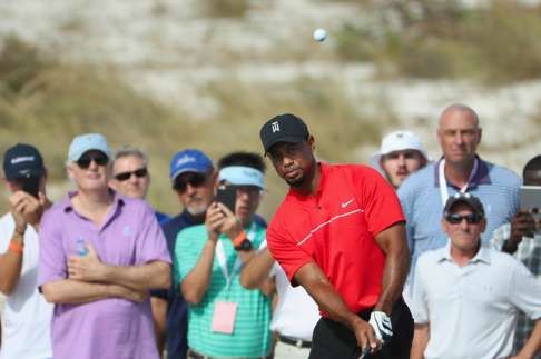 Woods chips on to the 11th green during the final round. Photo: AFP