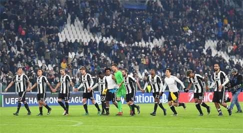 Juventus celebrate their passage to the last 16 after their win over Dinamo Zagreb in Turin. Photo: EPA