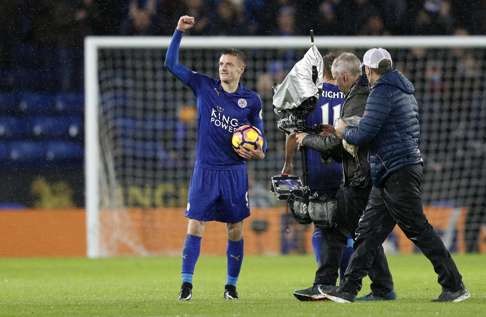 Vardy with the matchball after his hat-trick. Photo: Reuters