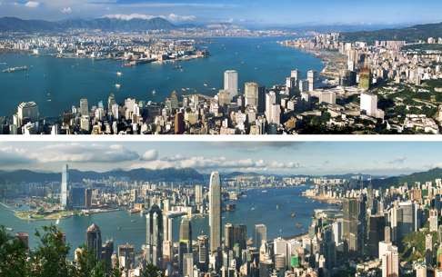 A double panorama looking out from The Peak across Victoria Harbour to Kowloon in 1982 (top) and 2013. Photos: Keith Macgregor