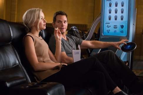 Jennifer Lawrence and Chris Pratt go to the movies aboard the spaceship Avalon.