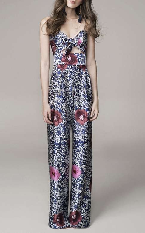 Strapless, wide-leg jumpsuit by Johanna Ortiz in a micro floral print.