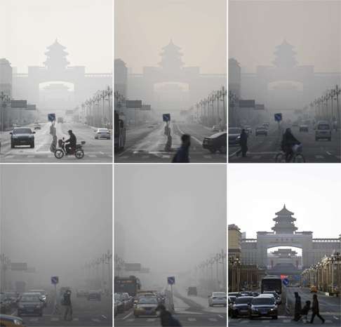 The Beijing West Railway Station, pictured December 17-19 (top row, left to right), and then December 20-22, shows how smog enveloped the city and was then dispersed when cold air moved through. Photo: Xinhua