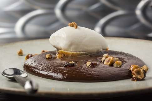 Bread pudding, hazelnut mousse and milk sorbet