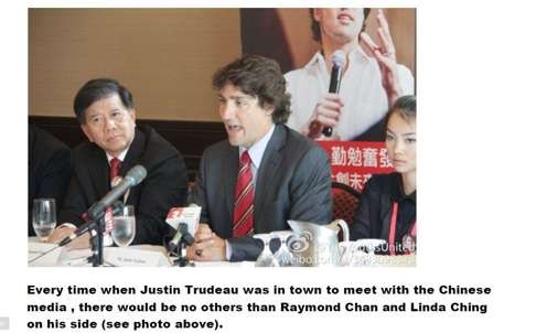 Justin Trudeau (centre) takes part in a press conference, flanked by Raymond Chan and Linda Ching, in an email attachment sent to the Liberal Party on December 15, 2013. Photo: SCMP