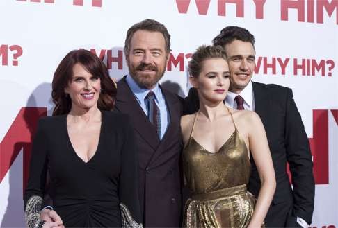 The cast of Why Him? also includes Megan Mullally (left) and Zoey Deutch (between Cranston and Franco), at the premiere of the film in Los Angeles. Photo: AFP