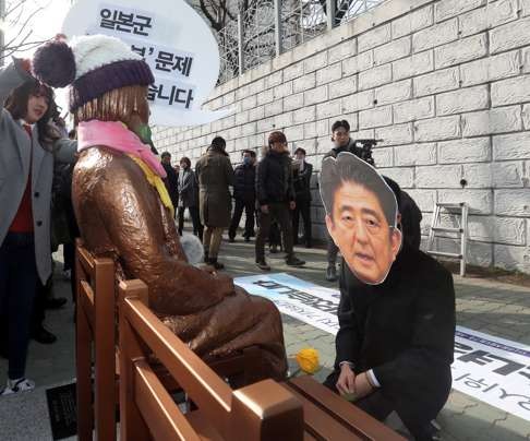 A man wearing a Shinzo Abe mask kneels in front of a statue of a girl that represents the sexual victims by the Japanese military during a rally in front of Japanese Consulate in Busan, South Korea on January 4, 2017. Photo: Reuters