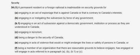 Section 34 (1) (f) of Canada’s immigration and refugee protection act, the section that bars people suspected of espionage, subversion or terrorism. Photo: SCMP Graphic