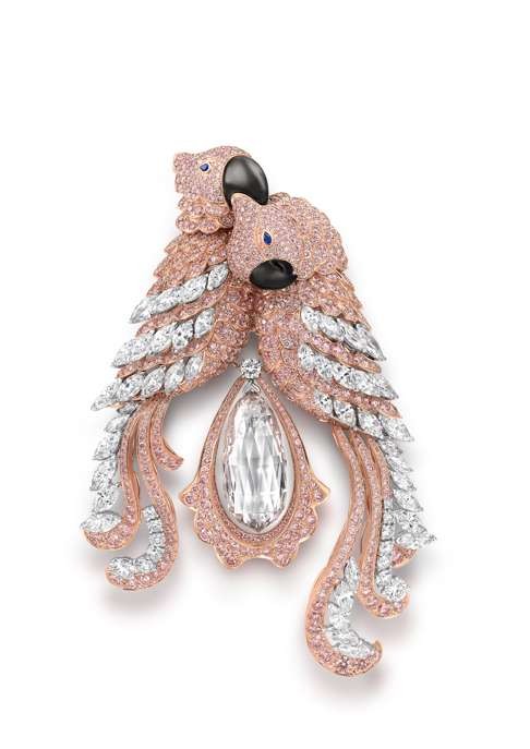 Graff. Surrounding a staggering 30.94ct fancy very light pink briolette diamond, the parrots snuggle together on this pink and white diamond brooch. Price on request