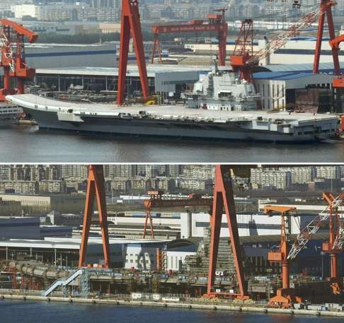 A combined photo shows the Liaoning, at top, China's first aircraft carrier, in August 2011 and the country's first domestically made aircraft carrier, above, in December 2016. Photo: Kyodo
