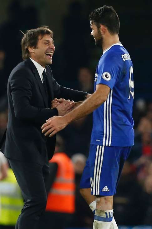 Antonio Conte and Diego Costa have appeared to be getting along well. Photo: AFP