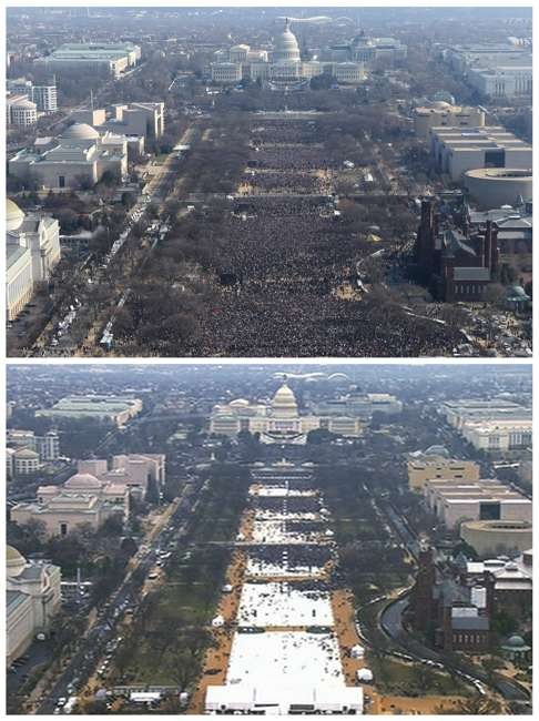 This pair of photos shows a view of the crowd on the National Mall at the inaugurations of Barack Obama, above, on January 20, 2009, and President Donald Trump, below. Photo: AP