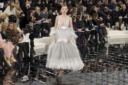 A-line skirt with dove grey colour and white feathers. Photo: EPA