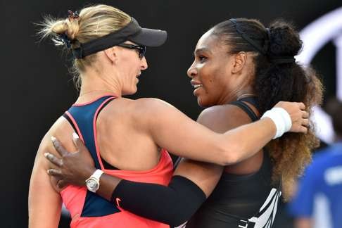 Serena Williams is congratulated by Mirjana Lucic-Baroni. Photo: AFP