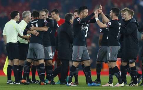 Southampton celebrate their victory over Liverpool which sent them through to the League Cup final. Photo: Reuters