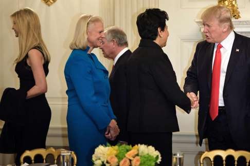 Ivanka Trump, CEO of IBM Ginni Rometty, CEO of Pepsi Co Indra Nooyi and Donald Trump in the State Dining Room on February 3, 2017. Photo: AFP