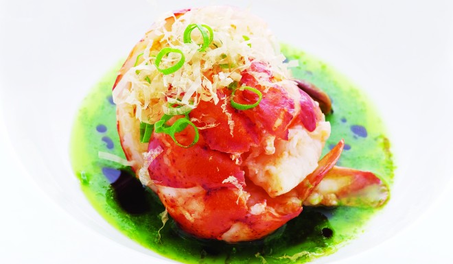 Butter poached lobster with green onion oil by Alan Wong. 
