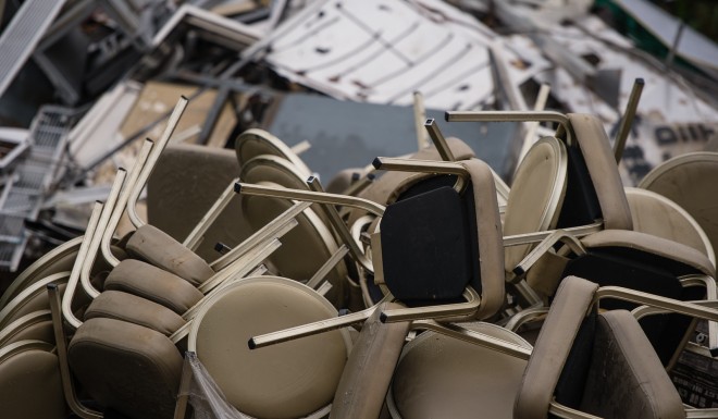 A pile of chairs are left behind at Tseung Kwan O. Photo: Kirk Kenny