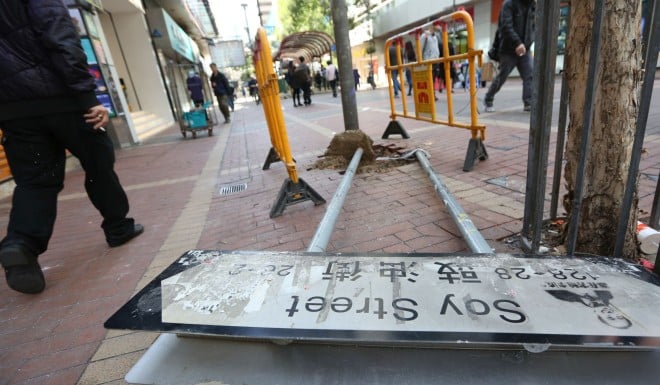 A street sign is ripped from the ground after the clash in Mong Kok. Photo: Nora Tam/SCMP