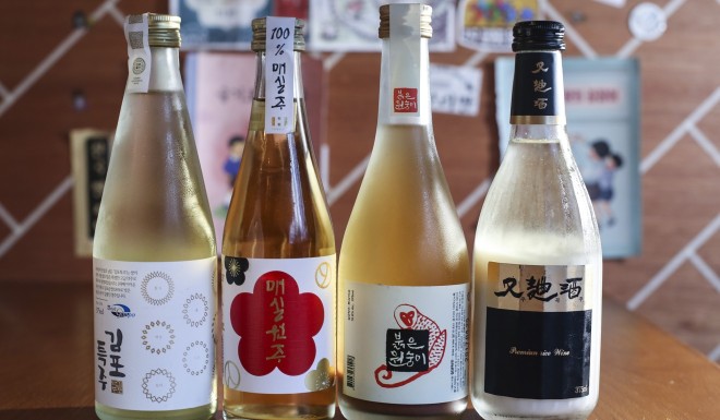 (left to right): Gimpo Teukju filtered rice wine at its best; Maesil Wonju Liquor 100% Korean plum liquor; Red Monkey Makgeolli made with super food red yeast; and Ugokju the pinnacle of premium organic rice wine at Ssal Bori Ssal in Tsim Sha Tsui. Photo: Edmond So