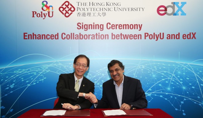 PolyU President Professor Timothy W. Tong (left) and edX Chief Executive Officer Professor Anant Agarwal (right) at the Signing Ceremony of Enhanced Collaboration between PolyU and edX