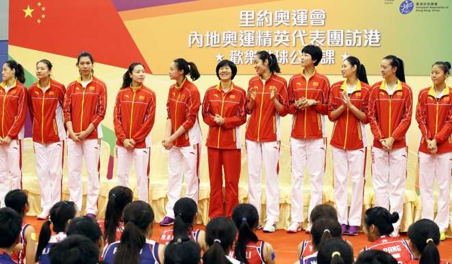 The China women’s volleyball team holds a sharing session with local junior athletes at Ma On Shan Sports Centre. Photo: Felix Wong